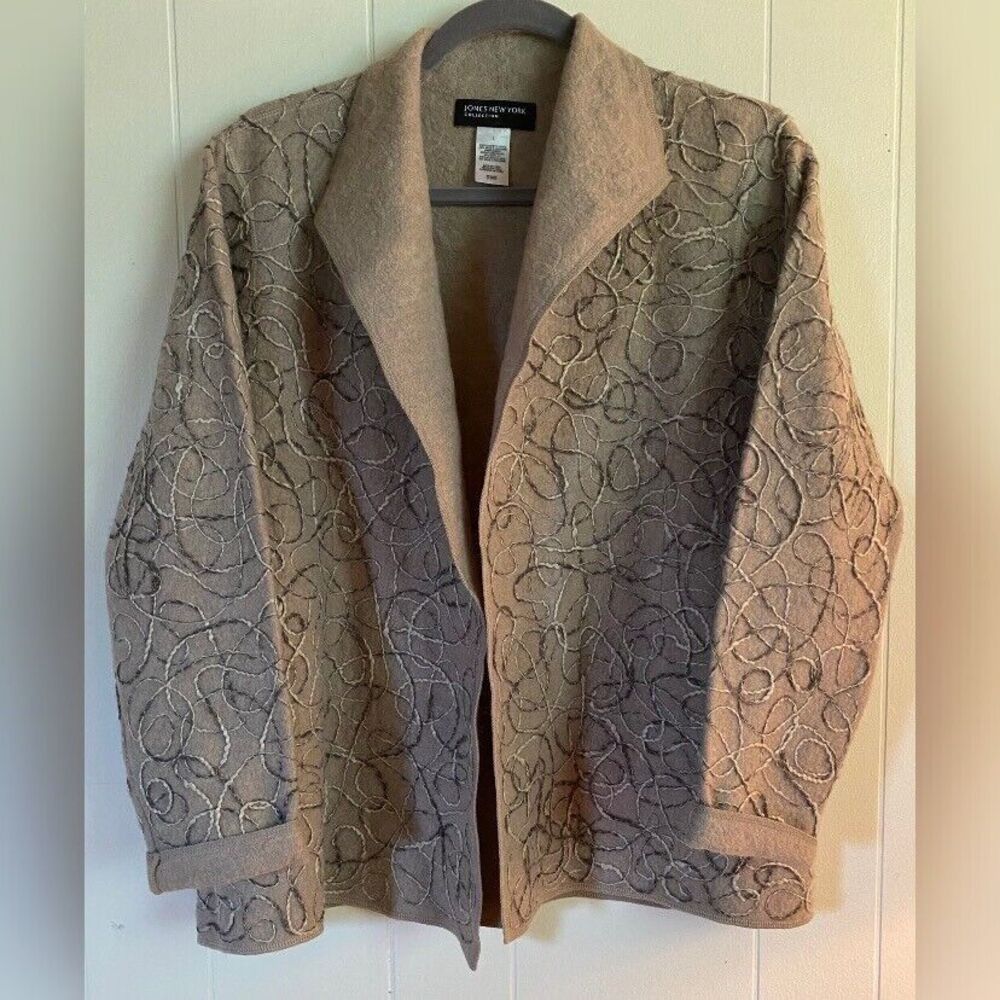 Jones New York Jacket Women’s Large Tan Brown Wool Embroidered Open
